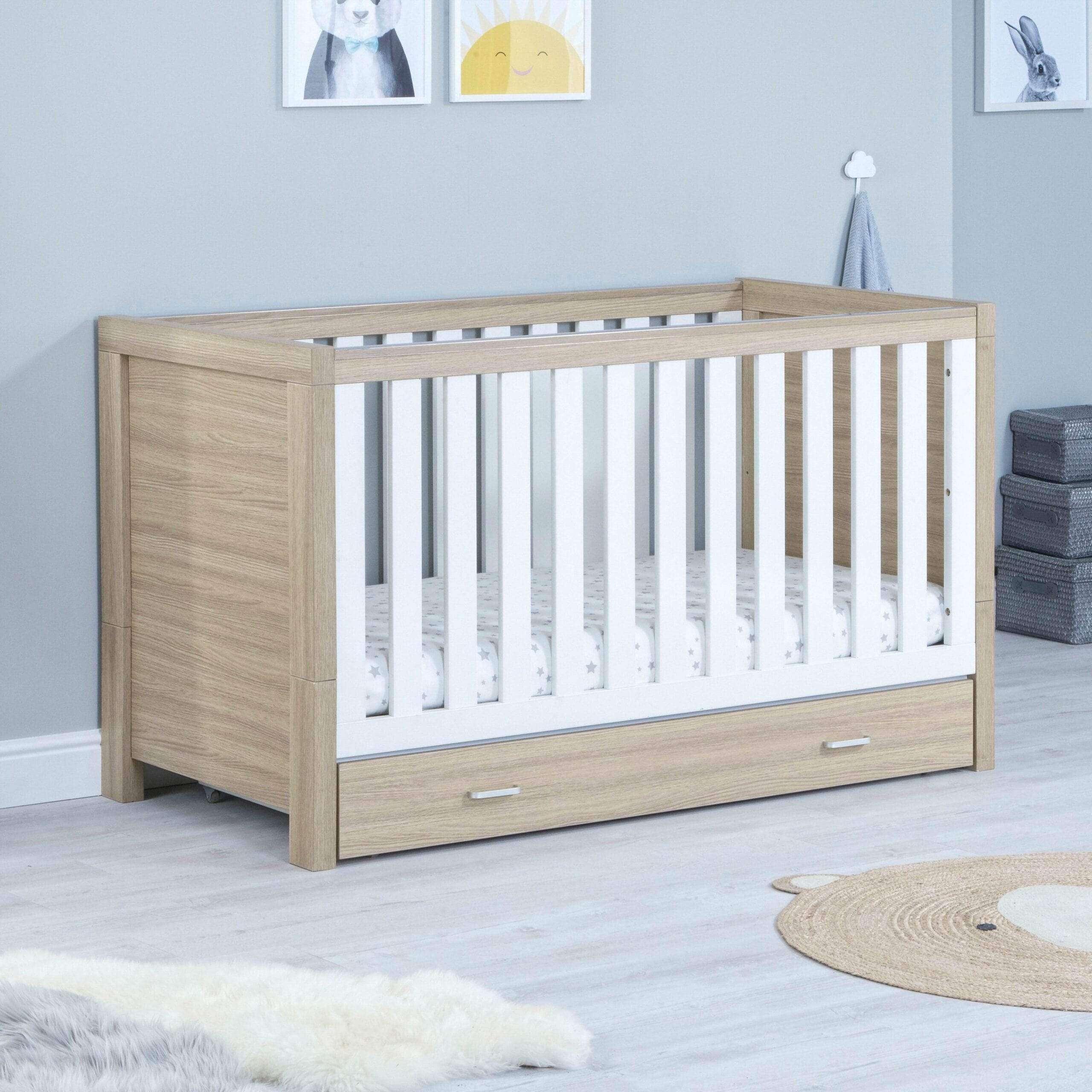 Babymore Luno Cot Bed with Drawer - White Oak - Image 2