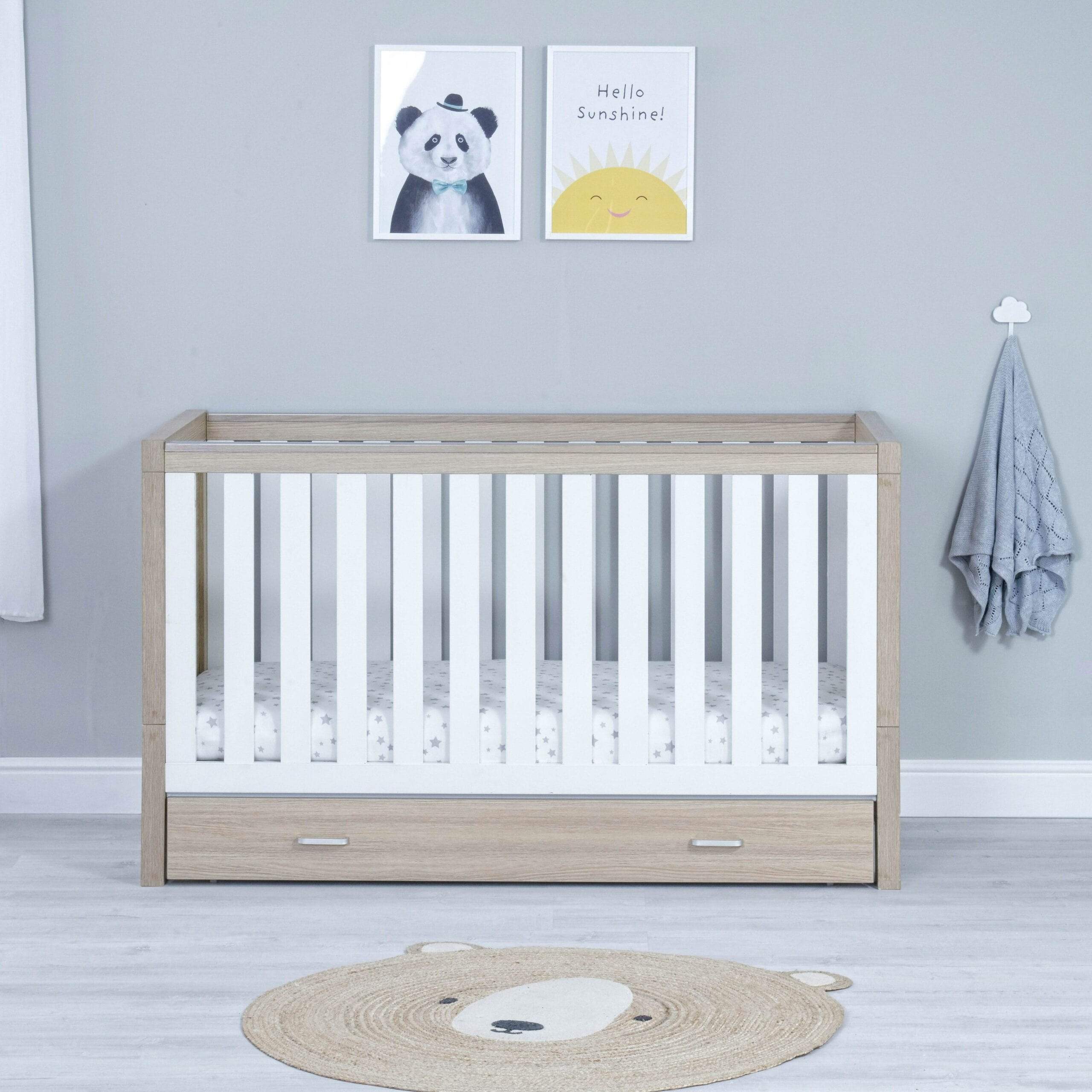 Babymore Luno Cot Bed with Drawer - White Oak - Image 4
