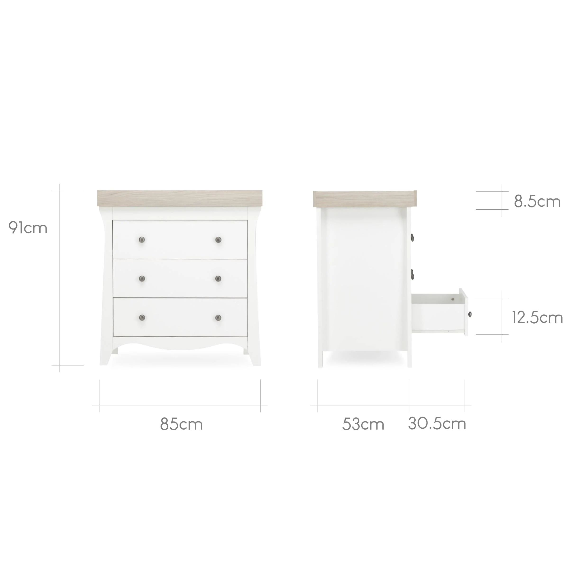 Cuddleco Clara 2 Piece Set 3 Drawer Dresser and Cot Bed - White Ash - Image 10