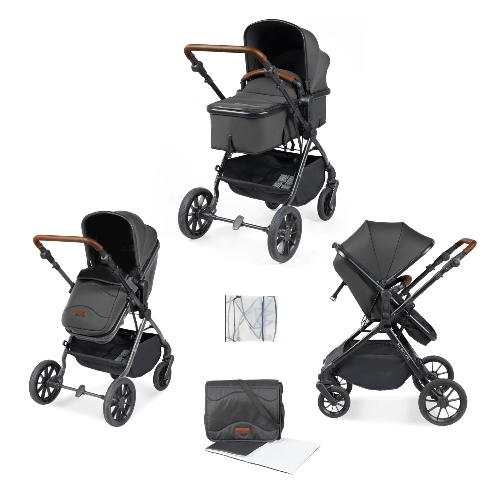 Ickle Bubba Cosmo 6 Piece Pram - Black / Graphite Grey / Tan - Image 2