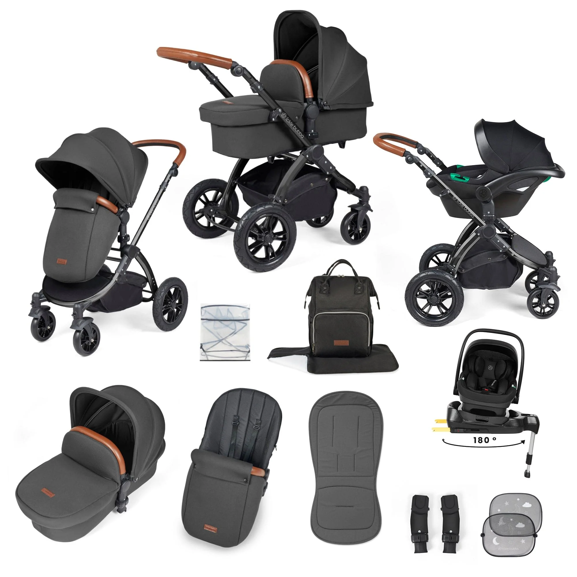 Ickle Bubba Stomp Luxe 12 Piece Travel system with i-Size Nimbus Car Seat & Spin ISOFIX Base - Black / Charcoal Grey / Tan