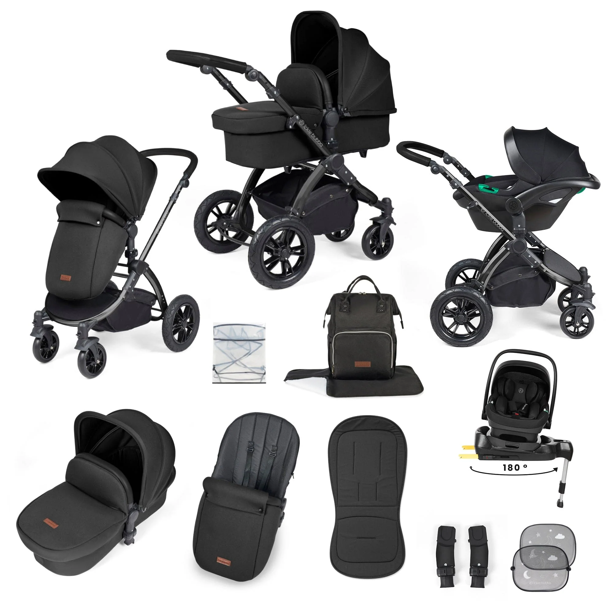 Ickle Bubba Stomp Luxe 12 Piece Travel System with i-Size Nimbus Car Seat & Spin ISOFIX Base - Black / Midnight / Black