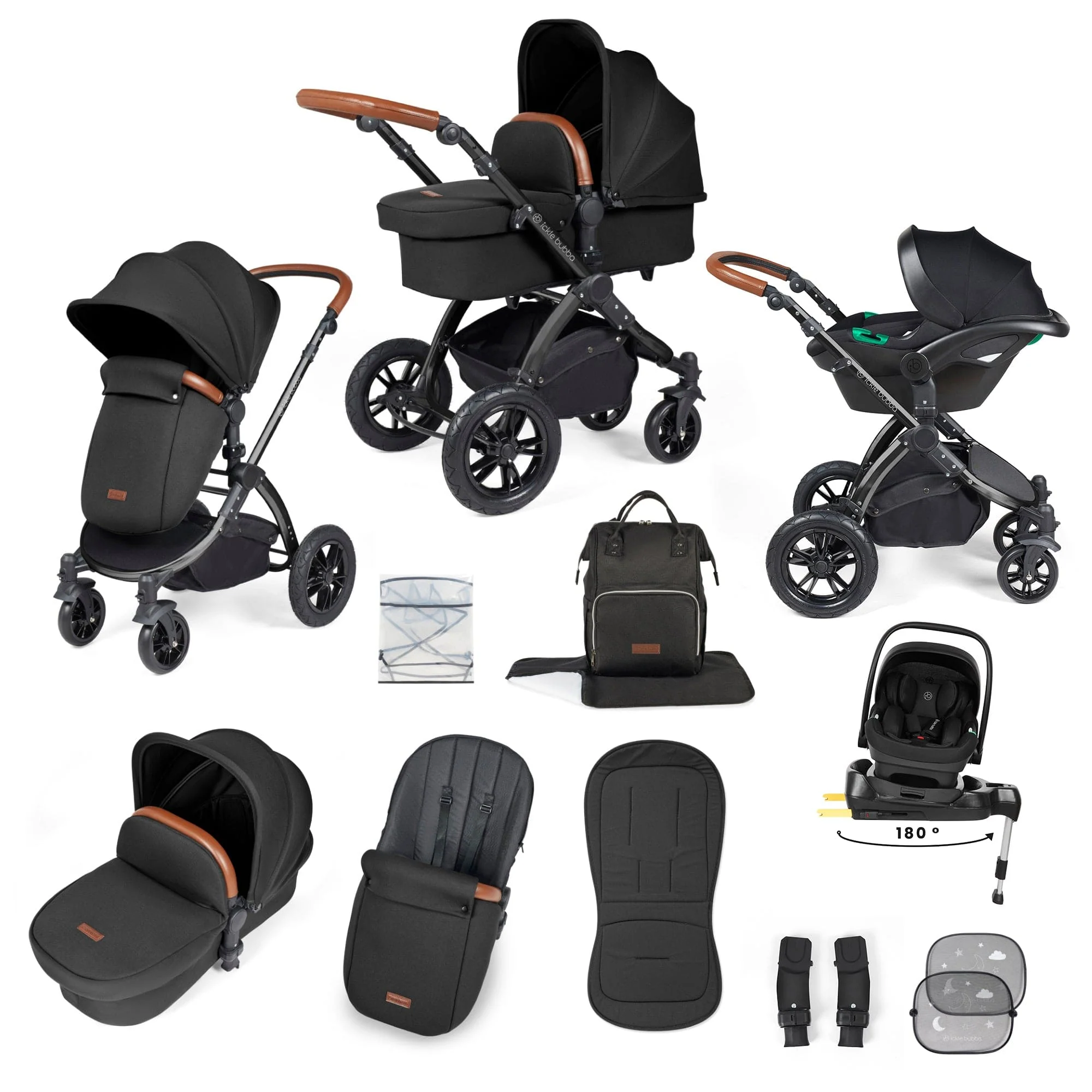 Ickle Bubba Stomp Luxe 12 Piece Travel System with i-Size Nimbus Car Seat & Spin ISOFIX Base - Black / Midnight / Tan