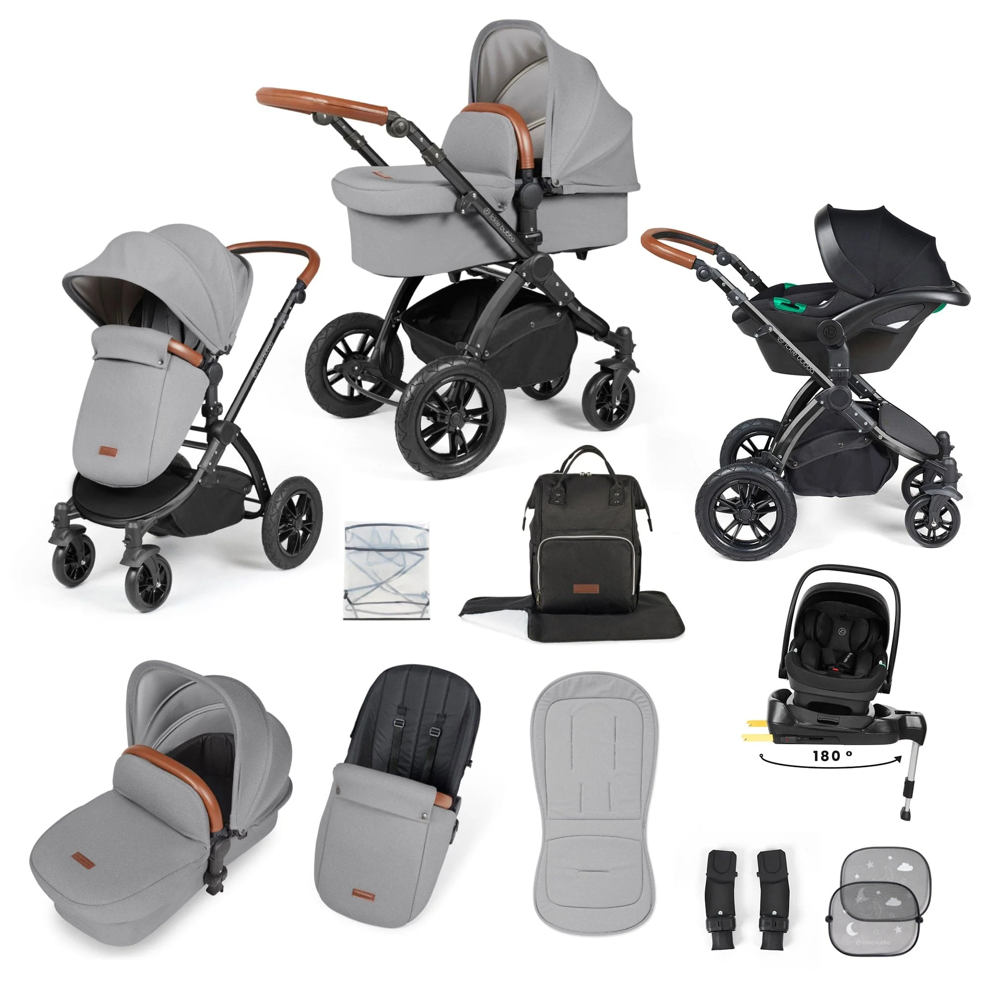 Ickle Bubba Stomp Luxe 12 Piece Travel System with i-Size Nimbus Car Seat & Spin ISOFIX Base - Black / Pearl Grey / Tan