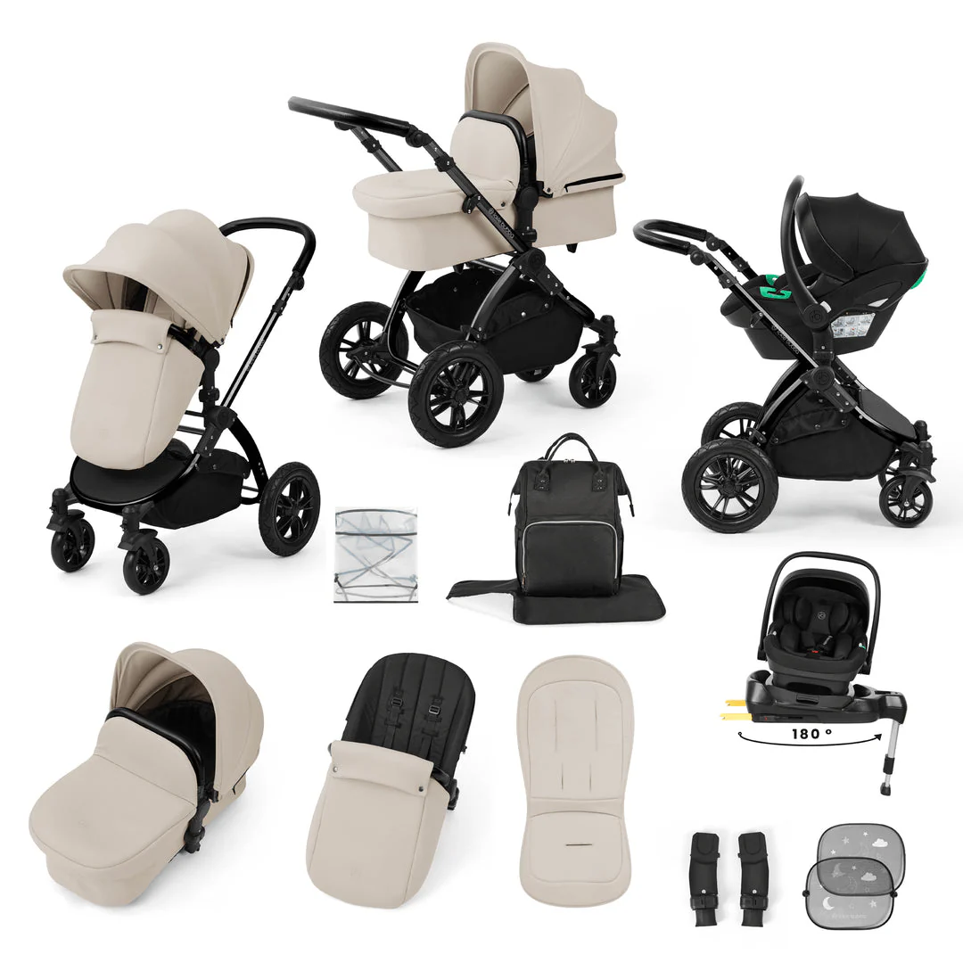 Ickle Bubba Stomp Luxe 12 Piece Travel System with i-Size Nimbus Car Seat & Spin ISOFIX Base - Black / Stone / Black