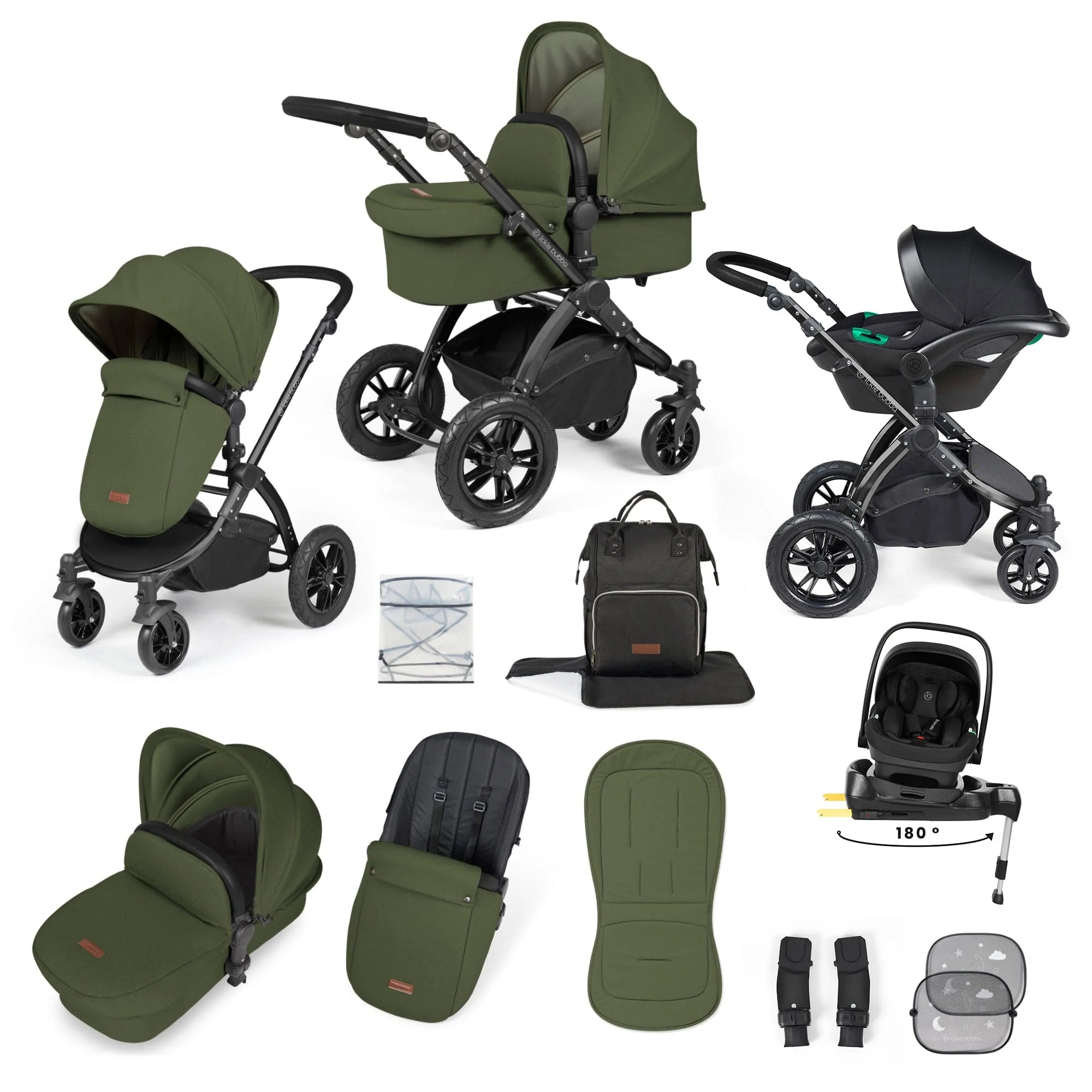 Ickle Bubba Stomp Luxe 12 Piece Travel System with i-Size Nimbus Car Seat & Spin ISOFIX Base - Black / Woodland / Black