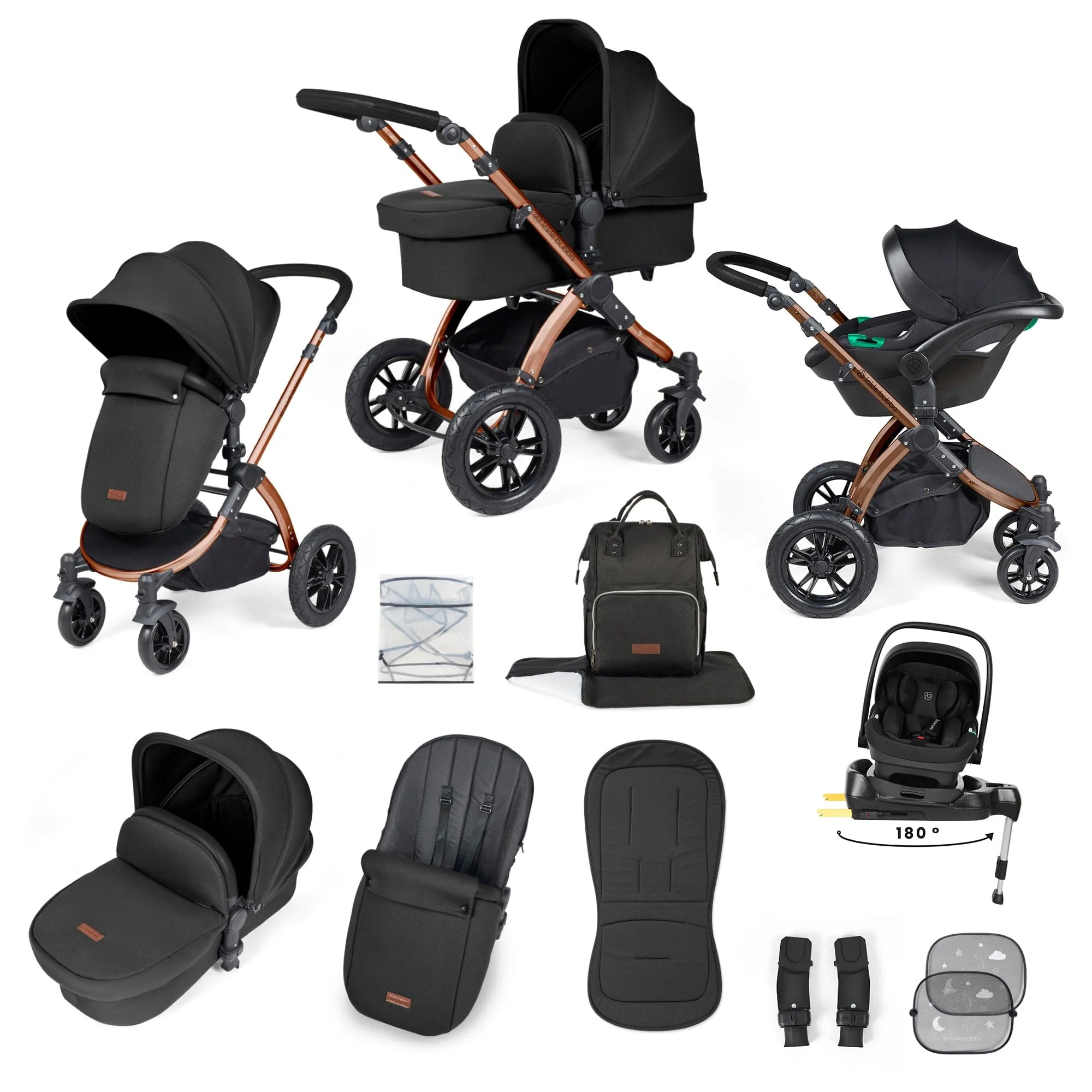 Ickle Bubba Stomp Luxe 12 Piece Travel System with i-Size Nimbus Car Seat & Spin ISOFIX Base - Bronze / Midnight / Black