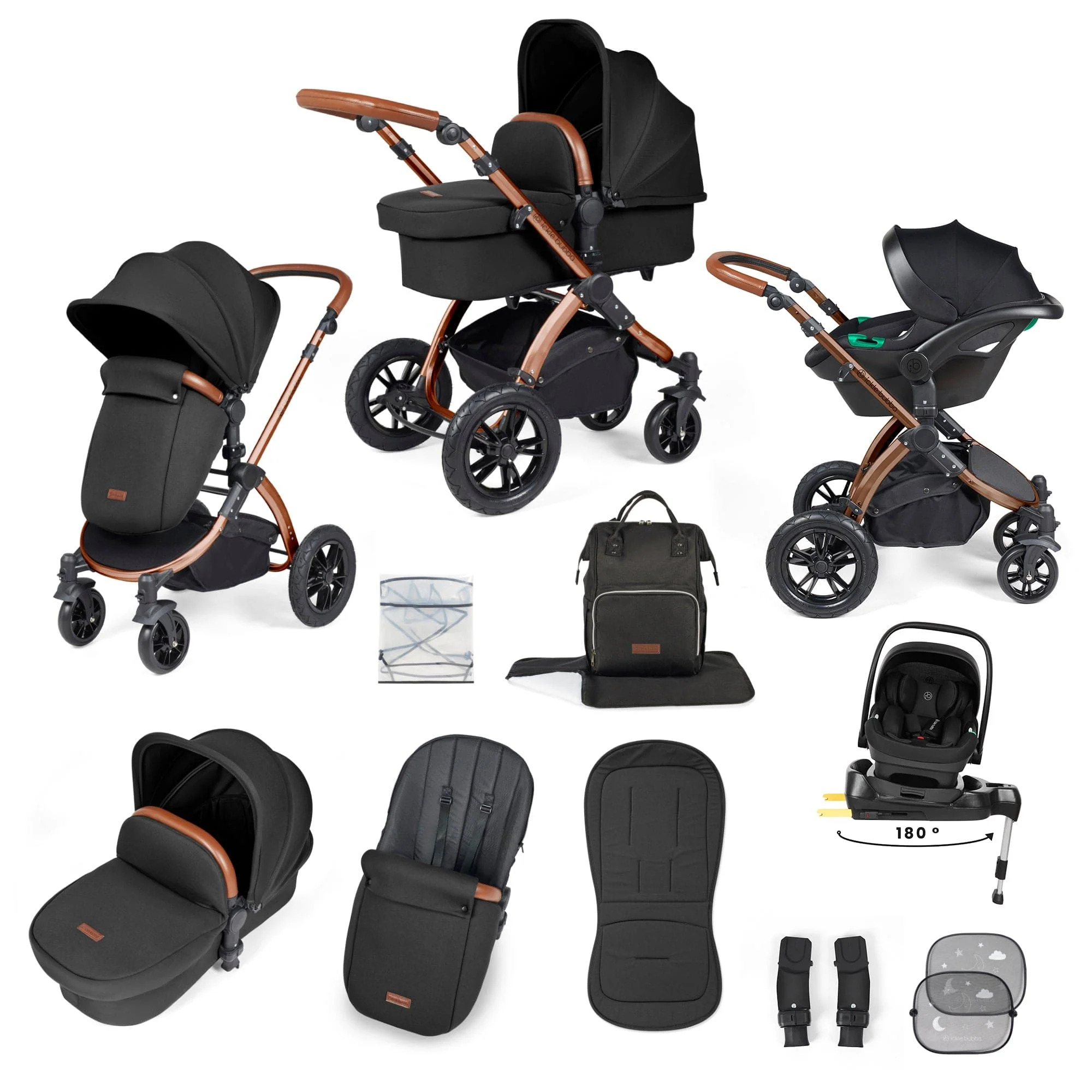 Ickle Bubba Stomp Luxe 12 Piece Travel System with i-Size Nimbus Car Seat & Spin ISOFIX Base - Bronze / Midnight / Tan