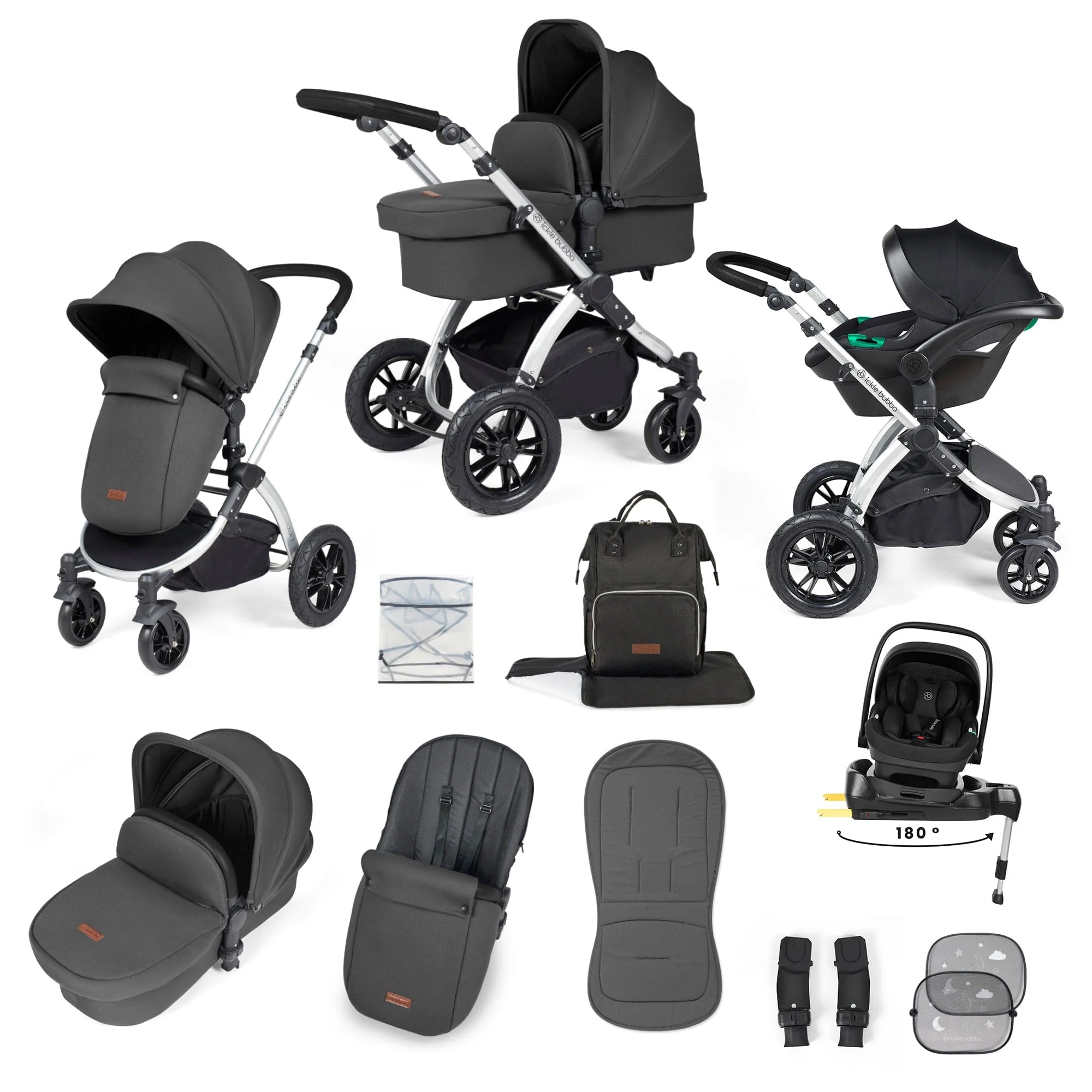Ickle Bubba Stomp Luxe 12 Piece Travel System with i-Size Nimbus Car Seat & Spin ISOFIX Base - Silver / Charcoal Grey / Black