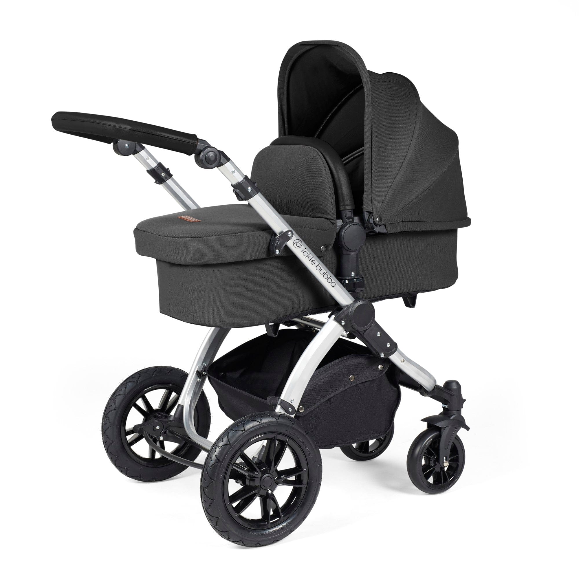 Ickle Bubba Stomp Luxe 12 Piece Travel System with i-Size Nimbus Car Seat & Spin ISOFIX Base - Silver / Charcoal Grey / Black - Image 2
