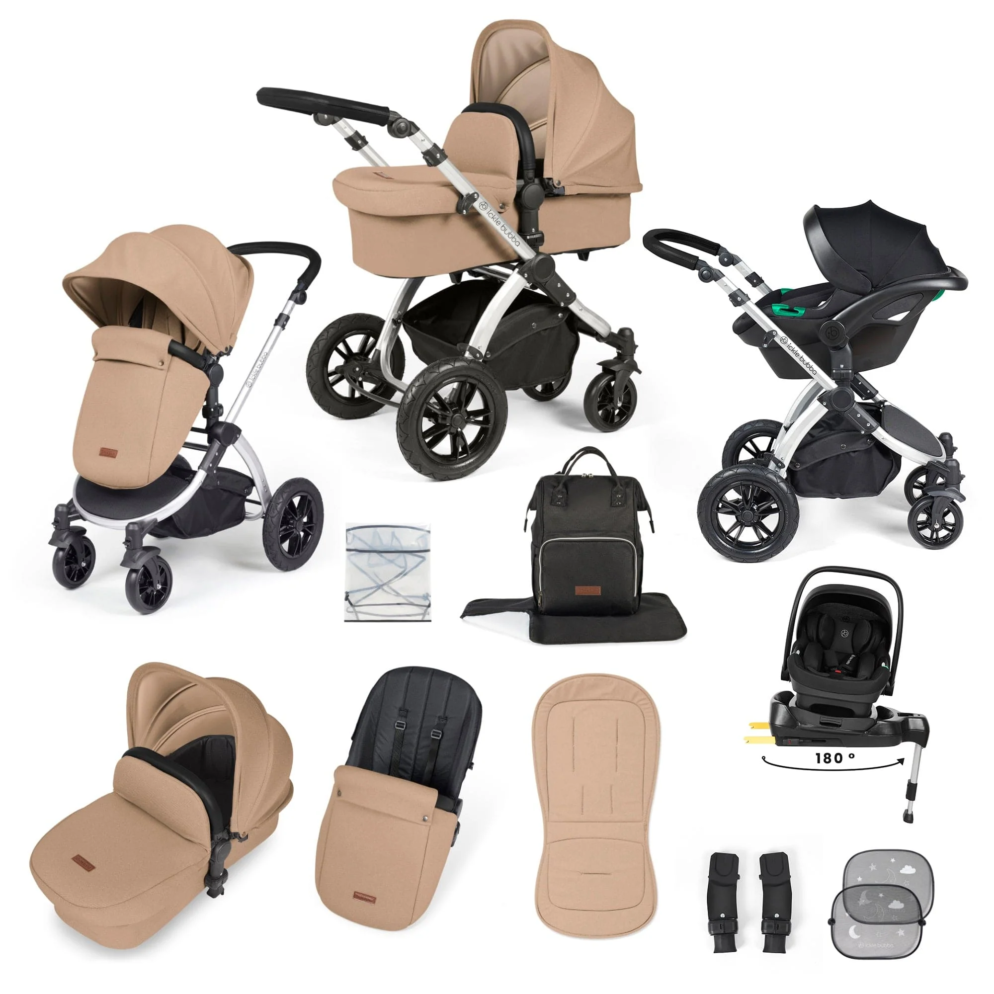 Ickle Bubba Stomp Luxe 12 Piece Travel System with i-Size Nimbus Car Seat & Spin ISOFIX Base - Silver / Desert / Black