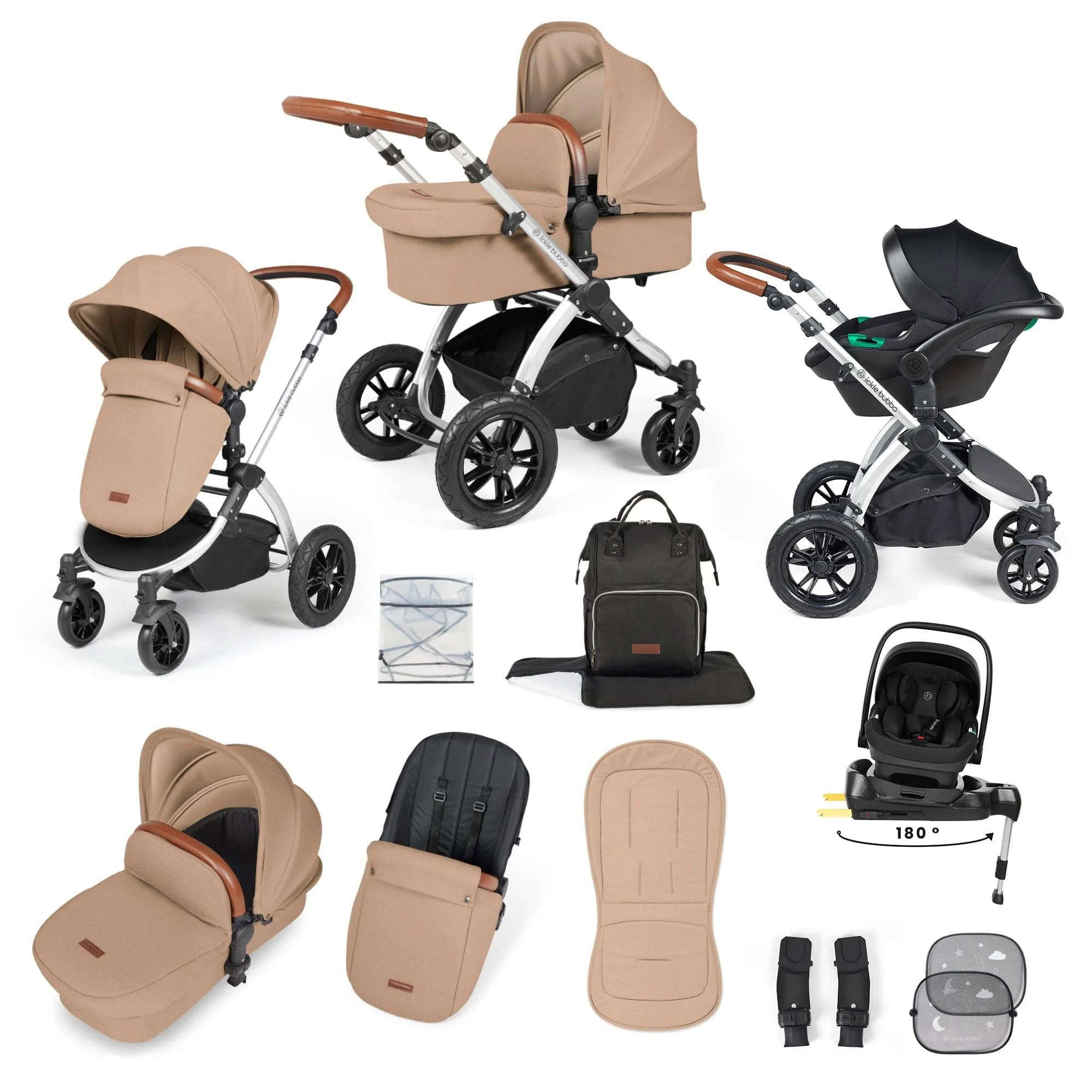 Ickle Bubba Stomp Luxe 12 Piece Travel System with i-Size Nimbus Car Seat & Spin ISOFIX Base - Silver / Desert / Tan