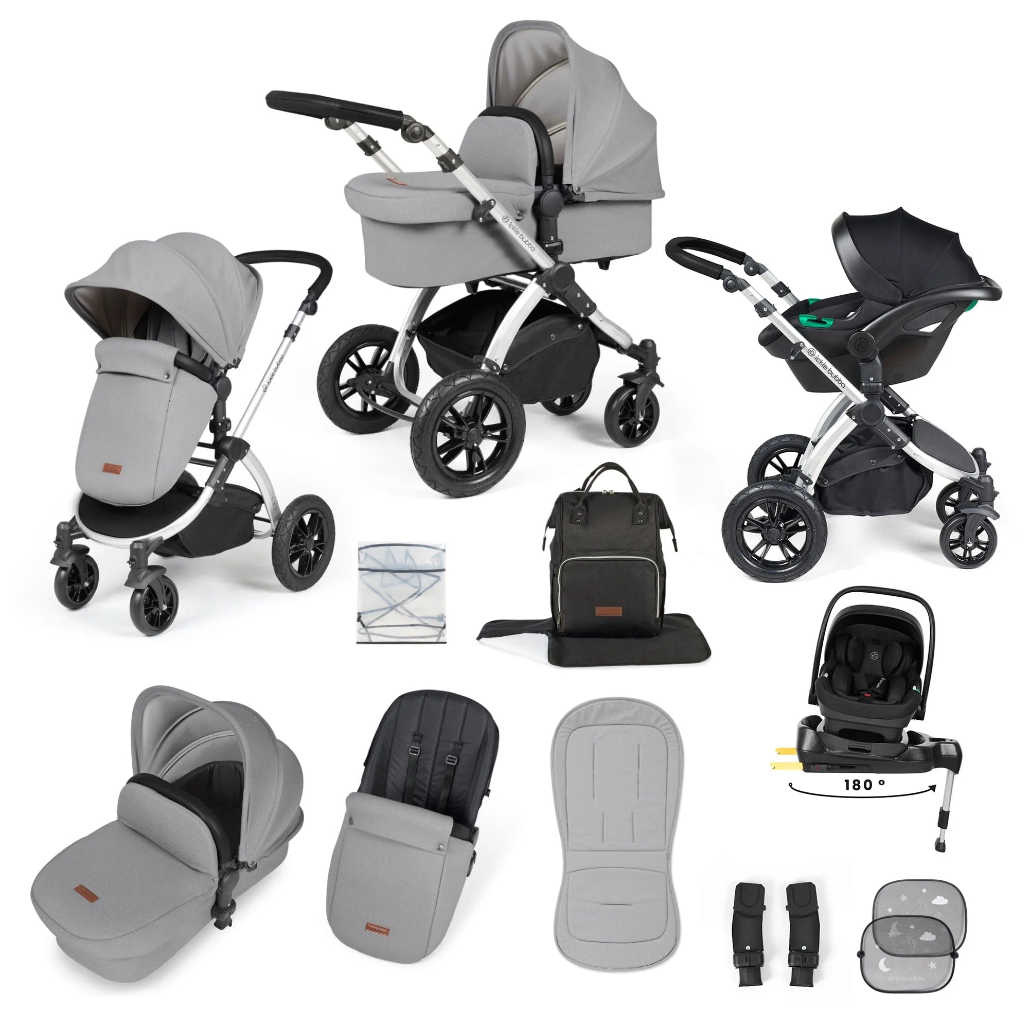 Ickle Bubba Stomp Luxe 12 Piece Travel System with i-Size Nimbus Car Seat & Spin ISOFIX Base - Silver / Pearl Grey / Black