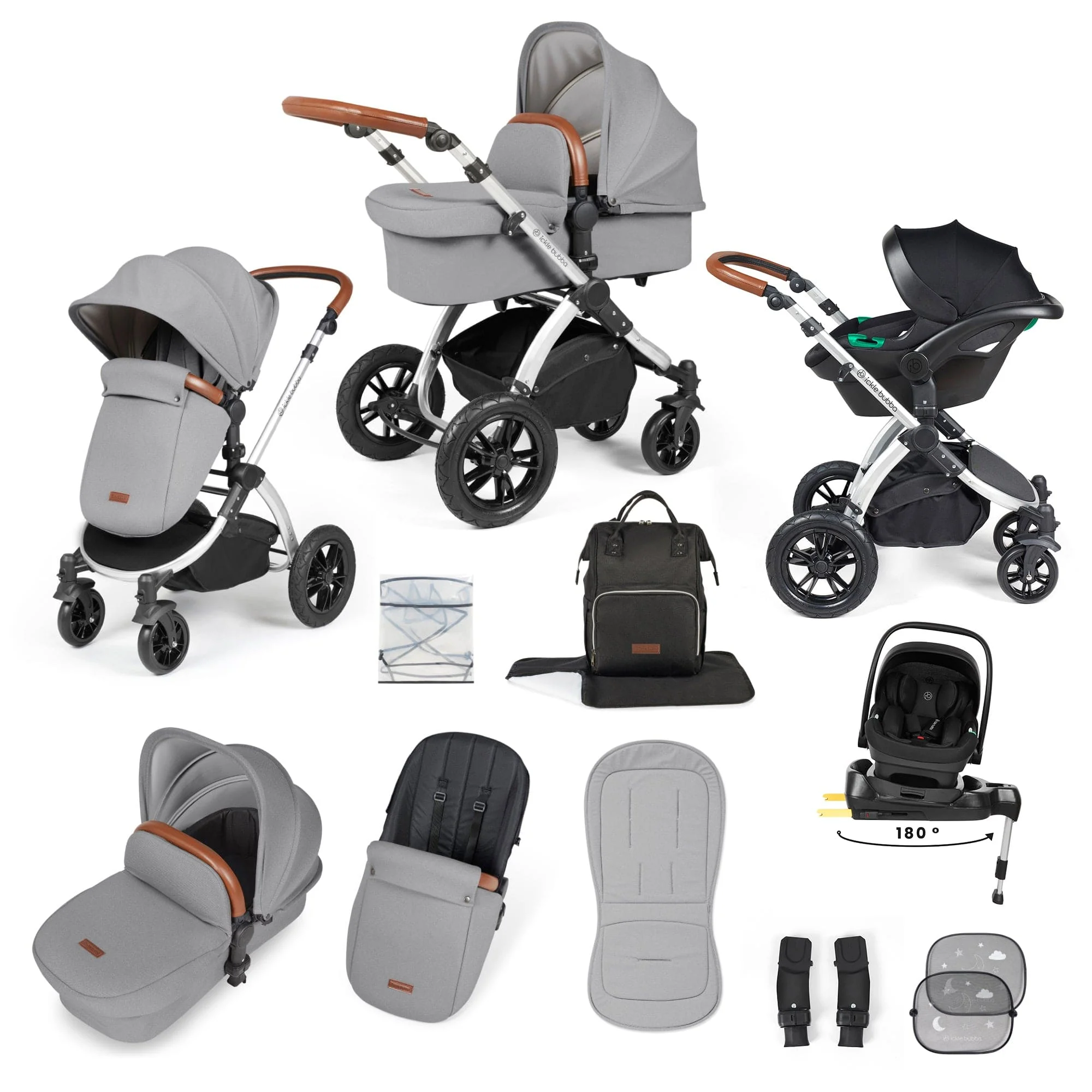 Ickle Bubba Stomp Luxe 12 Piece Travel System with i-Size Nimbus Car Seat & Spin ISOFIX Base - Silver / Pearl Grey / Tan