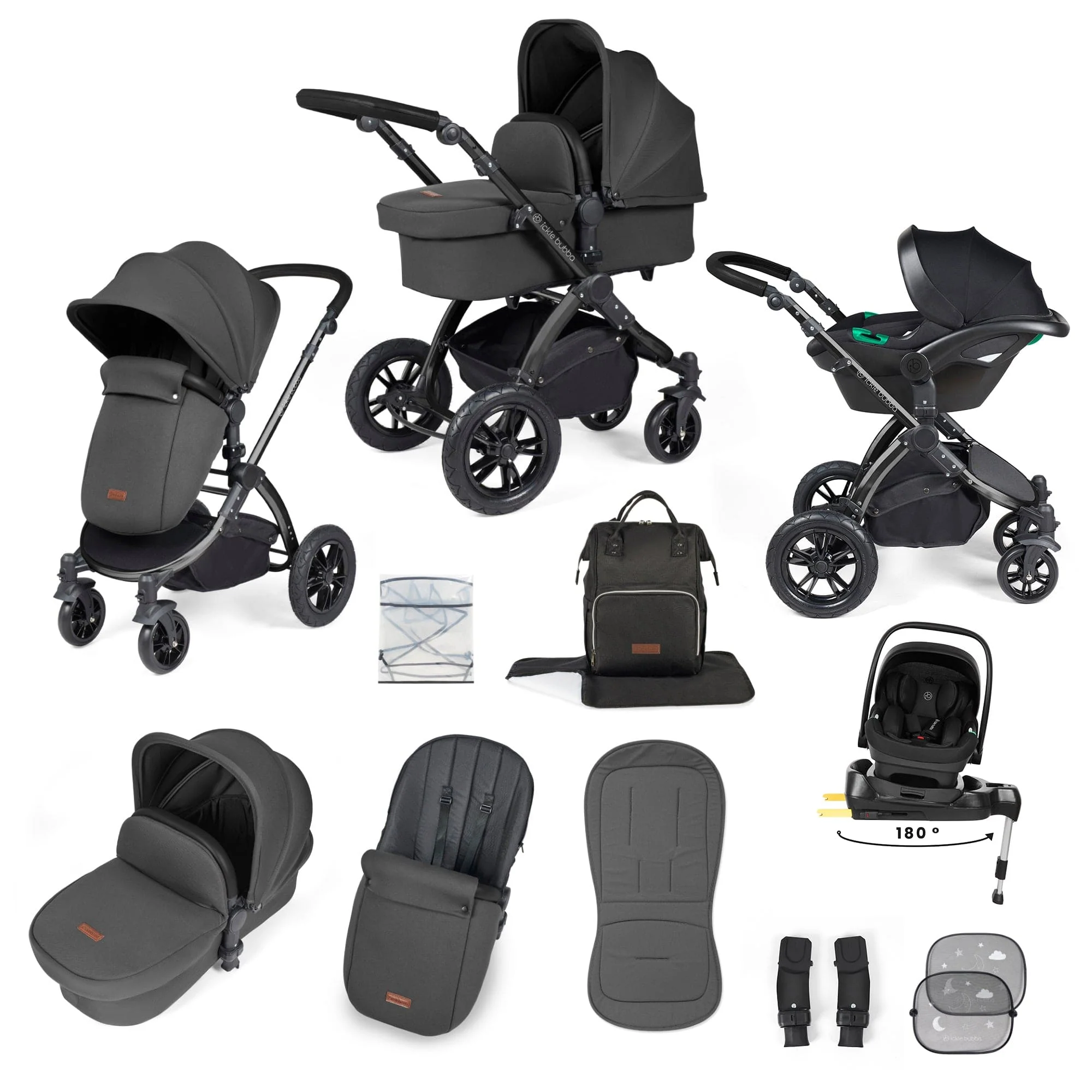 Ickle Bubba Stomp Luxe 12 Piece Travel System with i-Size Nimbus Car Seat & Spin ISOFIX Base - Black / Charcoal Grey / Black