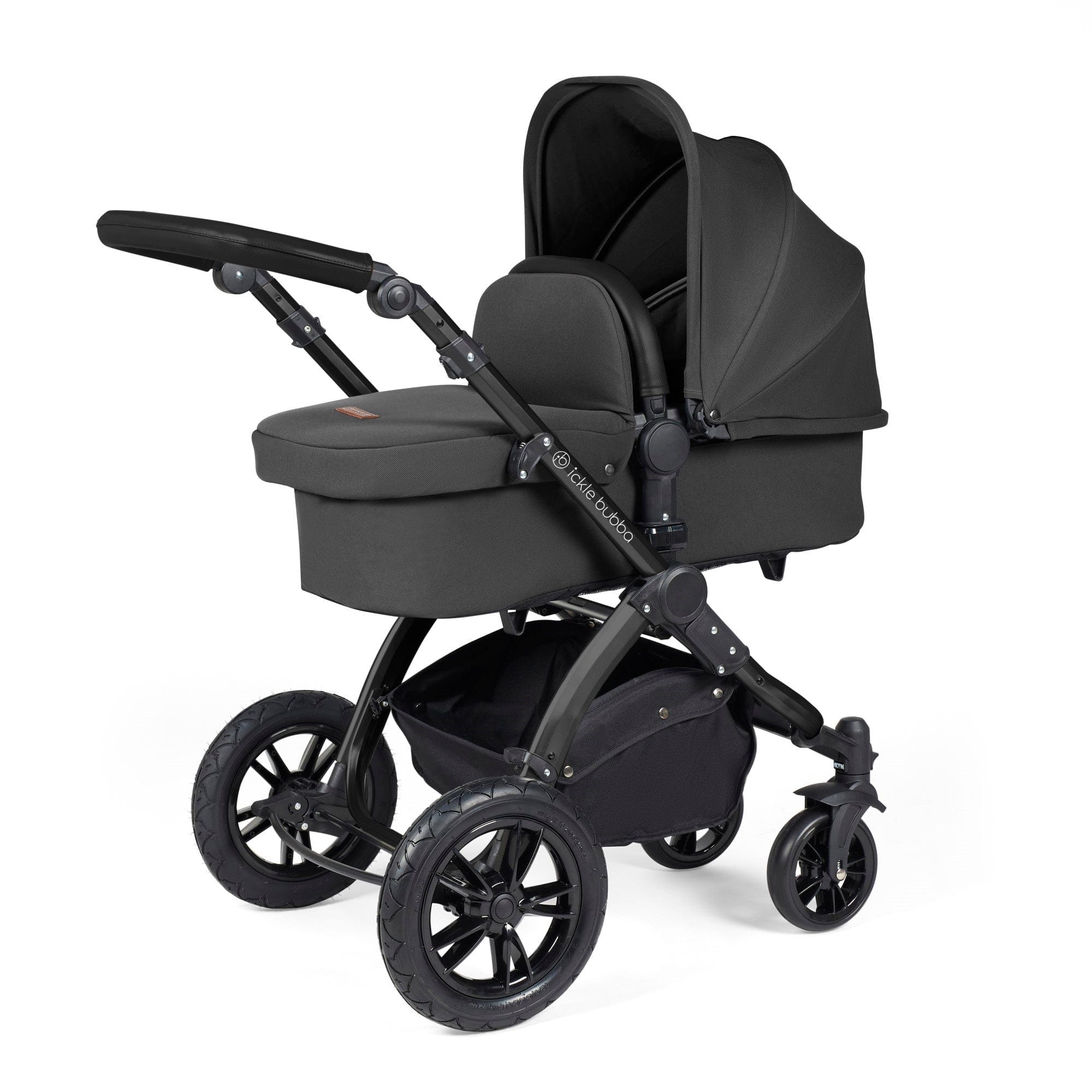 Ickle Bubba Stomp Luxe 12 Piece Travel System with i-Size Nimbus Car Seat & Spin ISOFIX Base - Black / Charcoal Grey / Black - Image 2