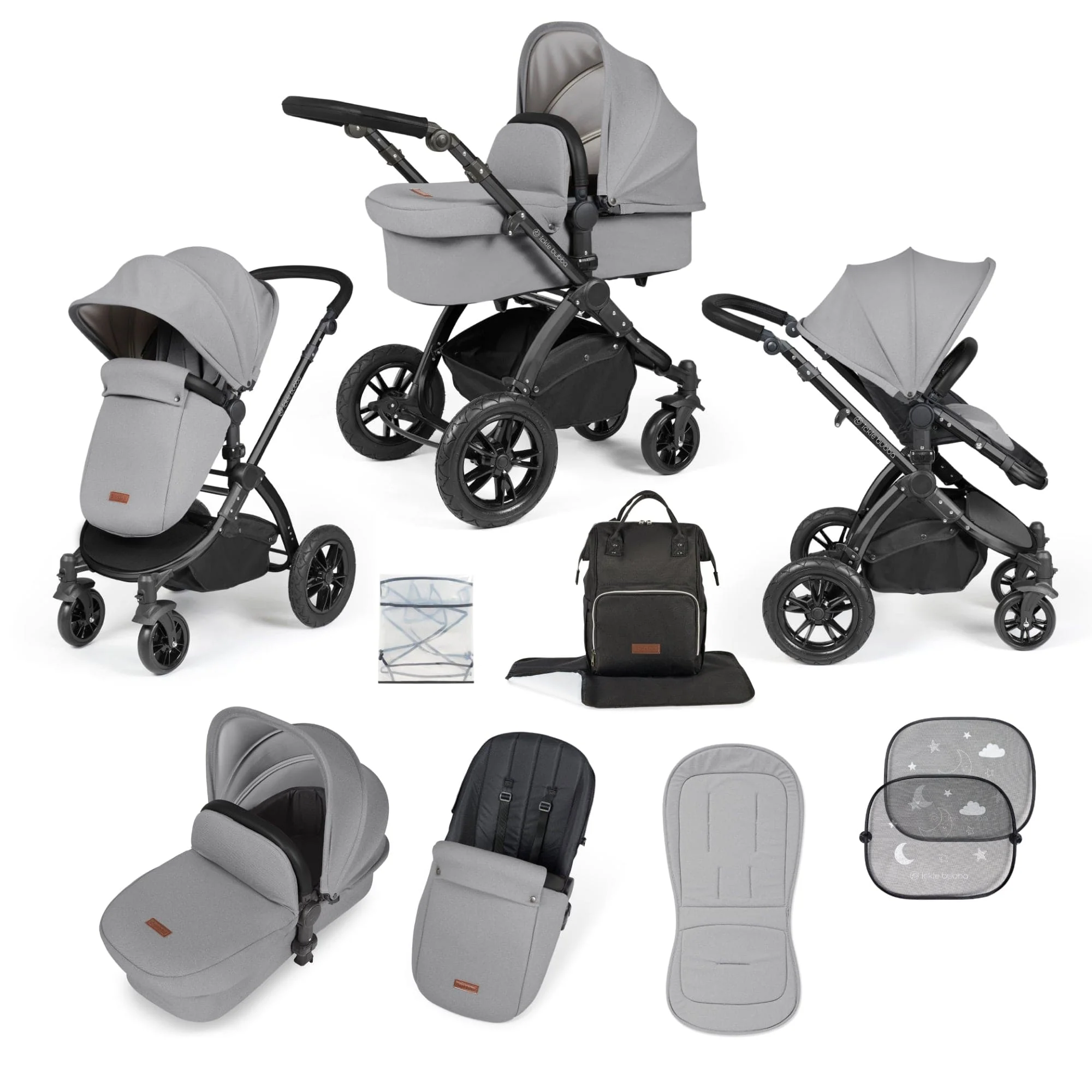 Ickle Bubba Stomp Luxe 9 Piece Pram - Black / Pearl Grey / Black