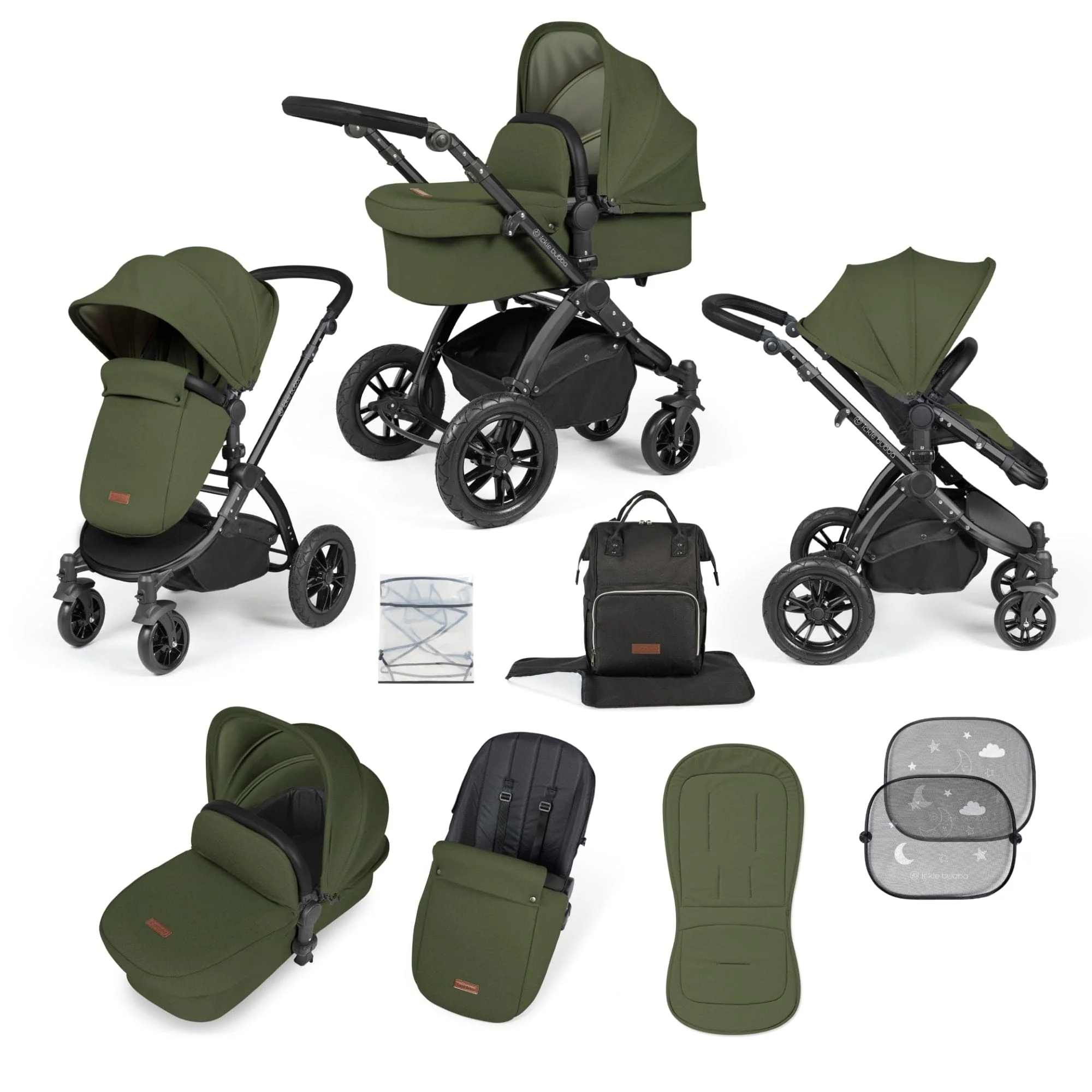Ickle Bubba Stomp Luxe 9 Piece Pram - Black / Woodland / Black