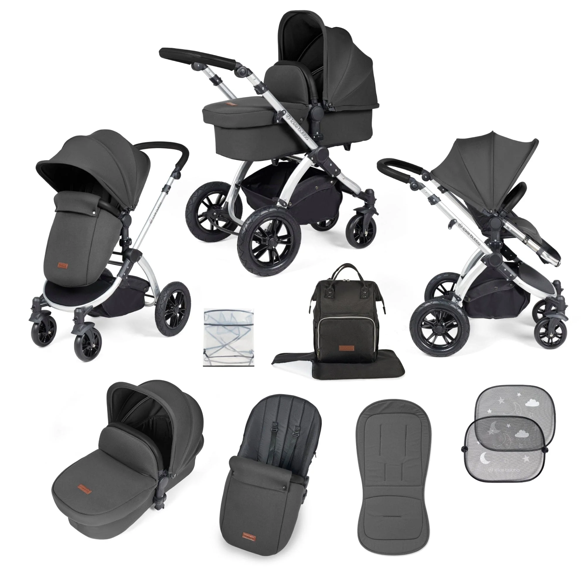 Ickle Bubba Stomp Luxe 9 Piece Pram - Silver / Charcoal Grey / Black