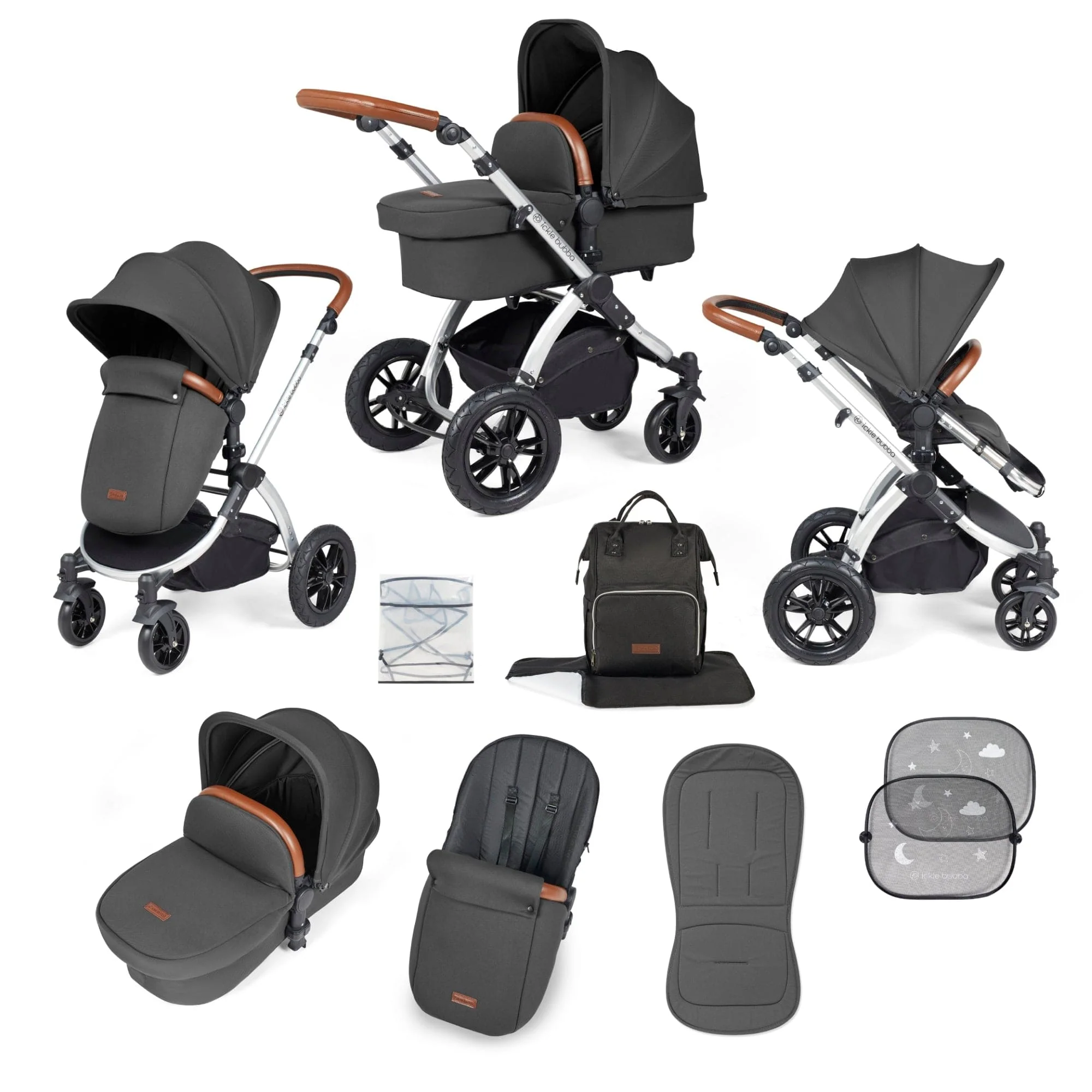 Ickle Bubba Stomp Luxe 9 Piece Pram - Silver / Charcoal Grey / Tan