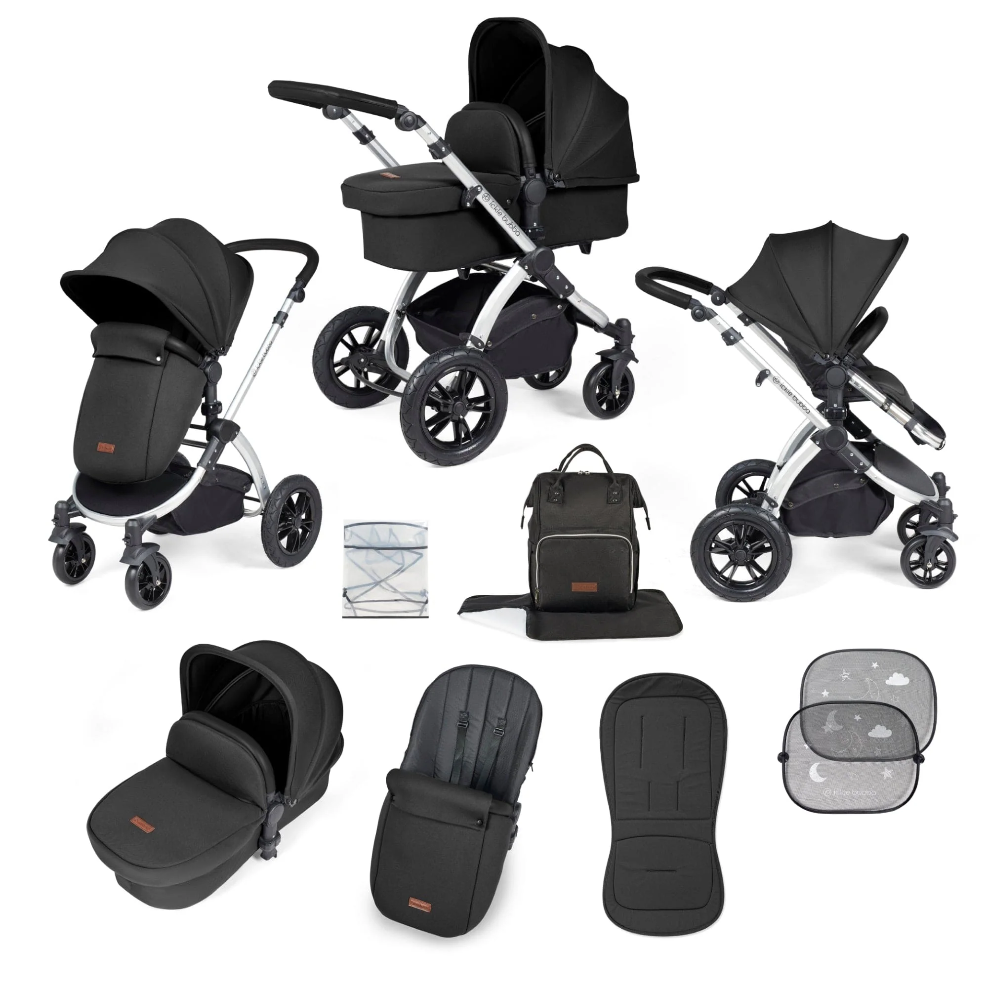 Ickle Bubba Stomp Luxe 9 Piece Pram - Silver / Midnight / Black
