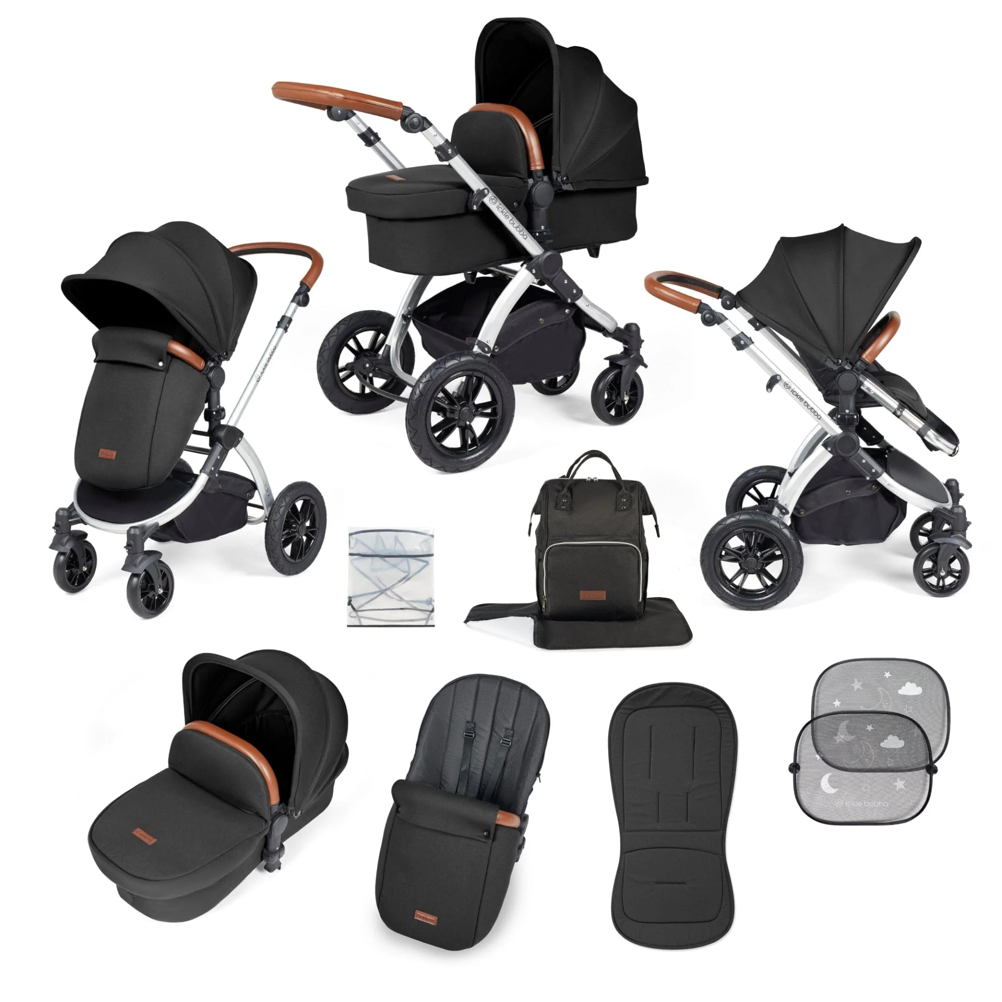 Ickle Bubba Stomp Luxe 9 Piece Pram - Silver / Midnight / Tan