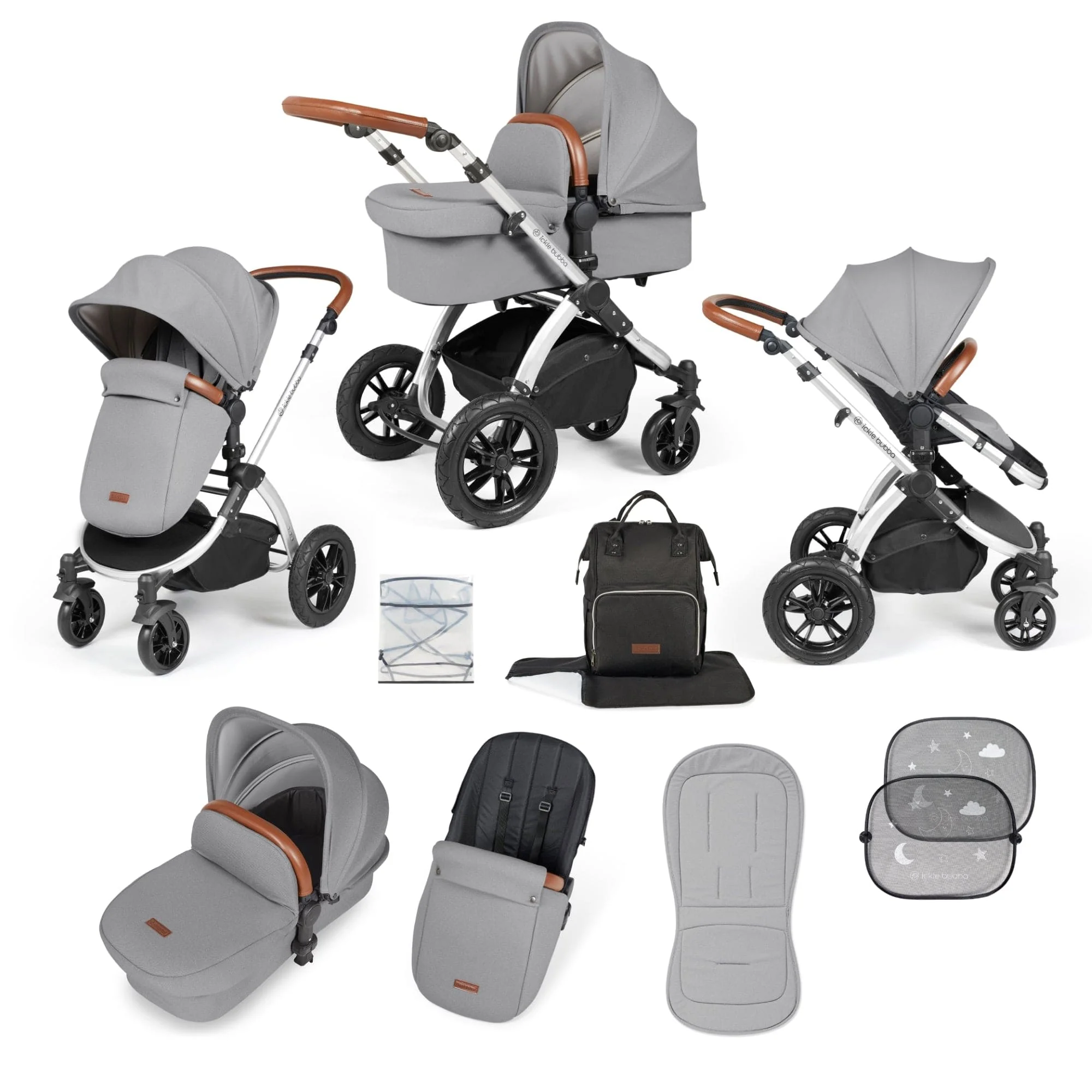 Ickle Bubba Stomp Luxe 9 Piece Pram - Silver / Pearl Grey / Tan
