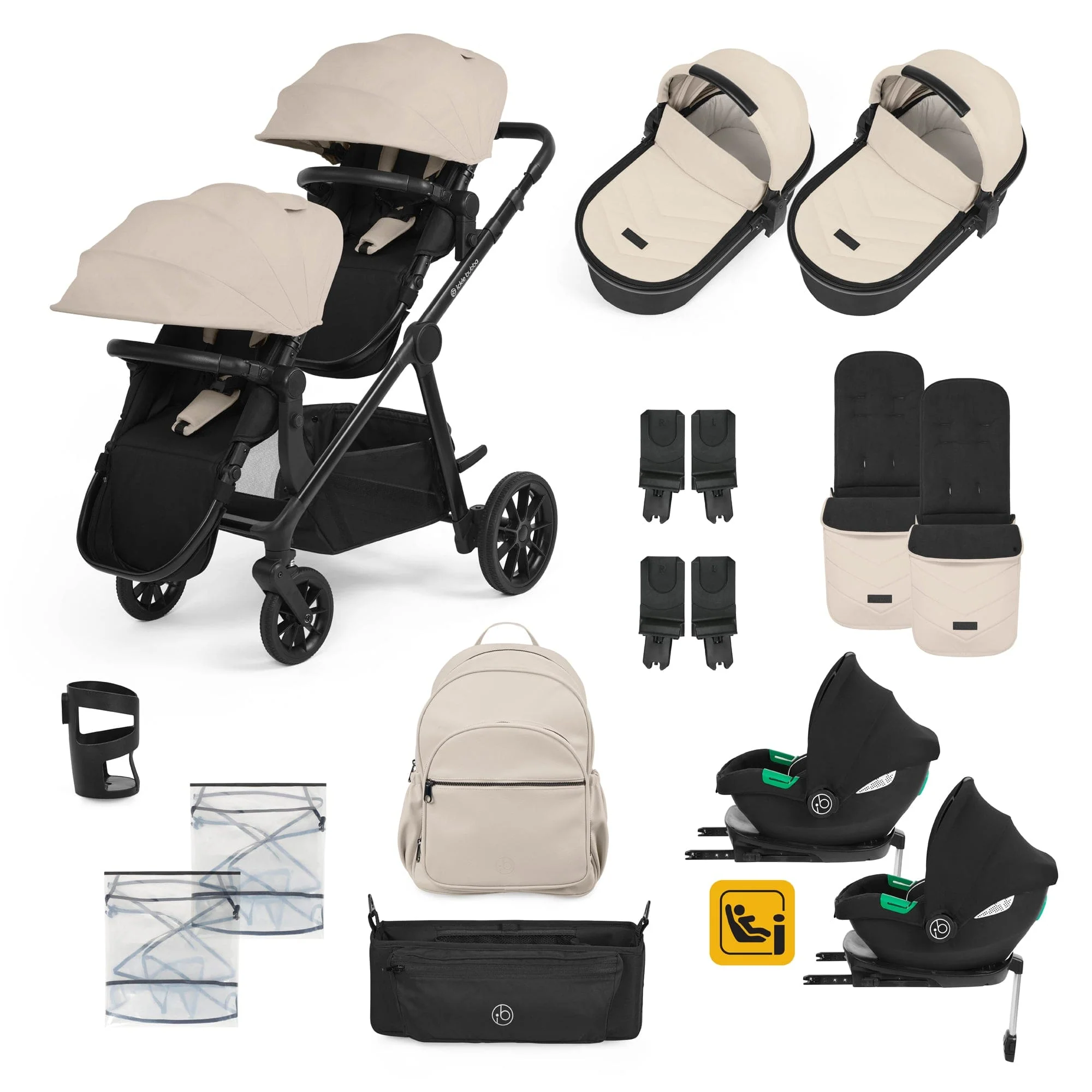 Ickle Bubba Virgo Twin 18 Piece Travel System with i-Size Cirrus Car Seats & ISOFIX Bases - Black / Stone / Black