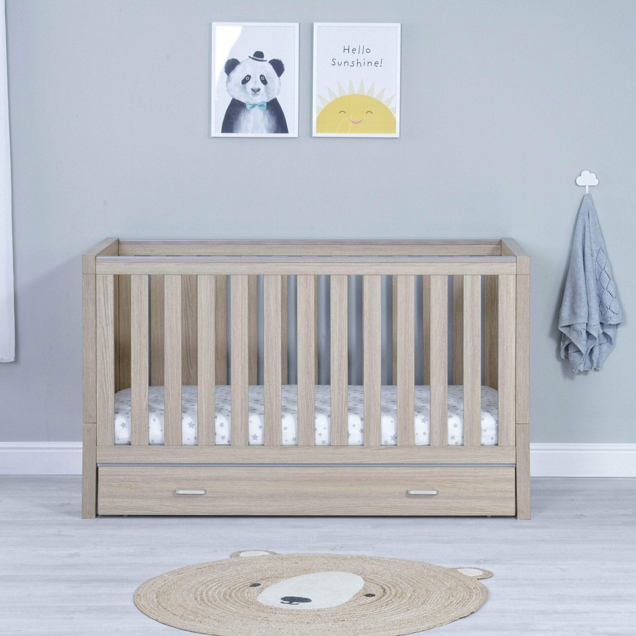 Babymore Luno Cot Bed With Drawer - Oak - Image 2