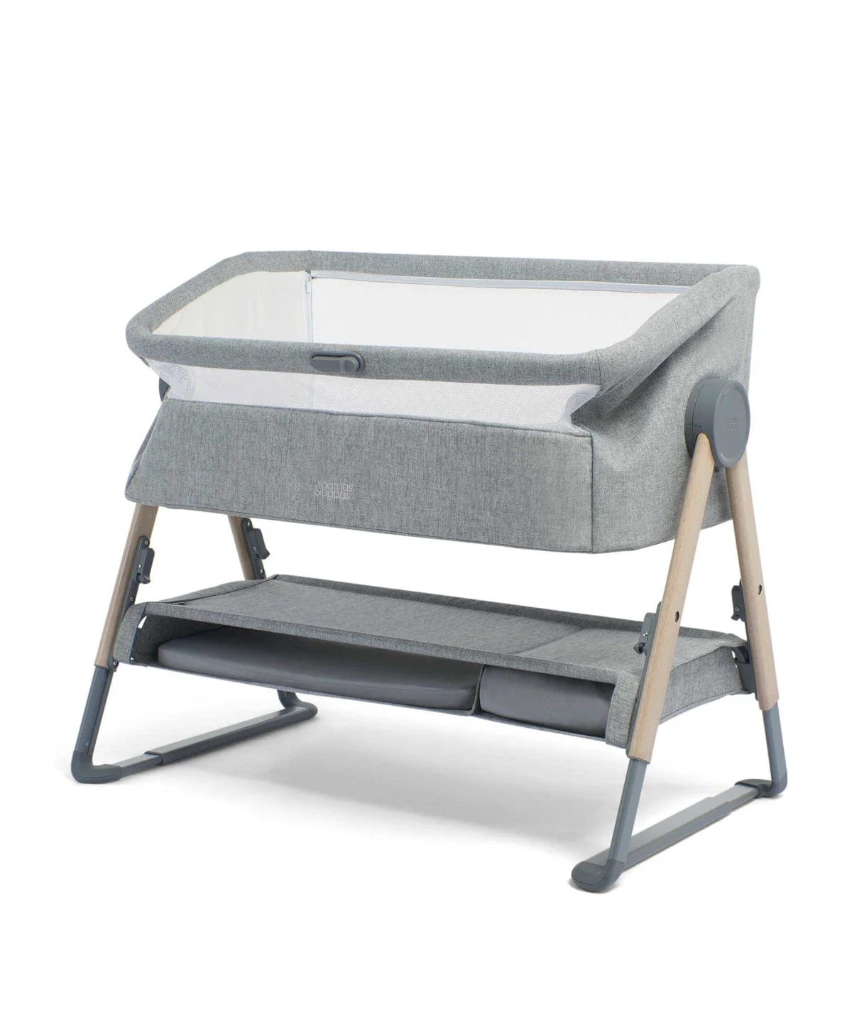 Mamas & Papas Lua Bedside Crib with Mattress Protector & Fitted Sheets - White/Grey - Image 3