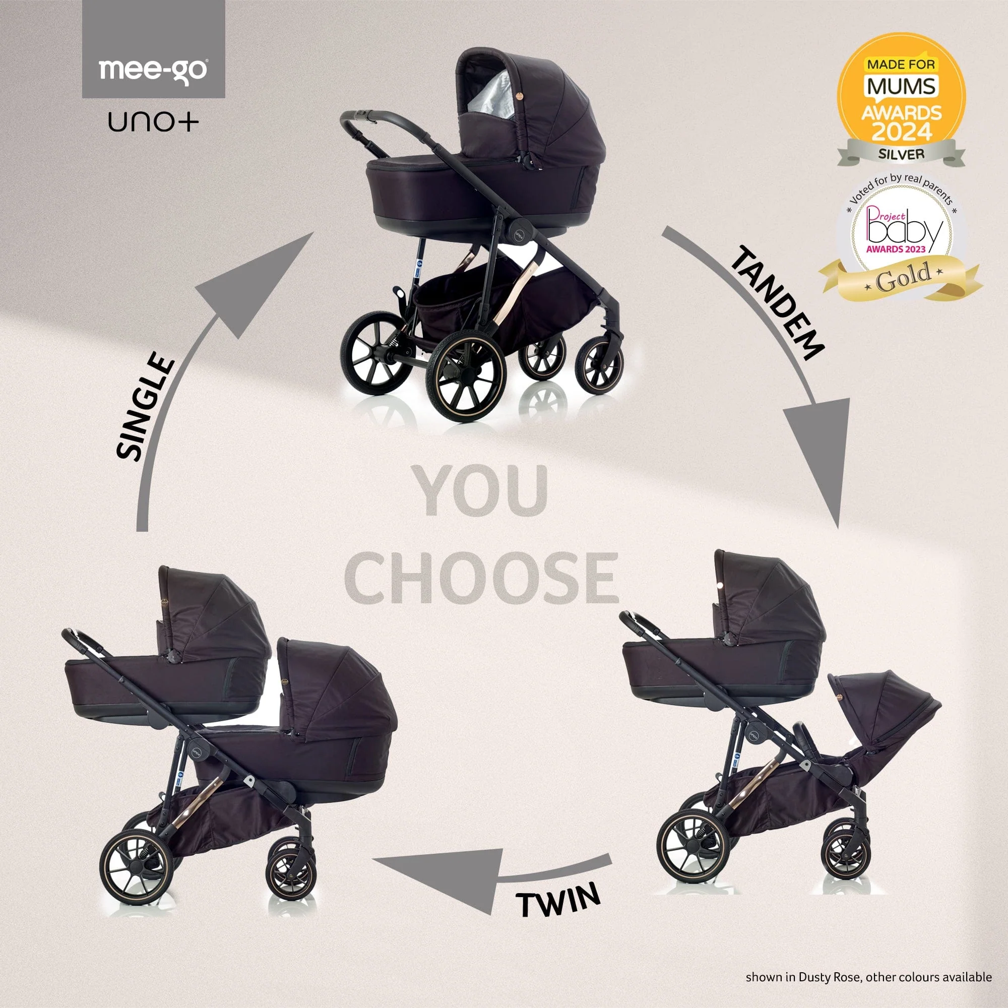 Mee-go Uno Plus Double Pushchair - Black/Rose - Image 4