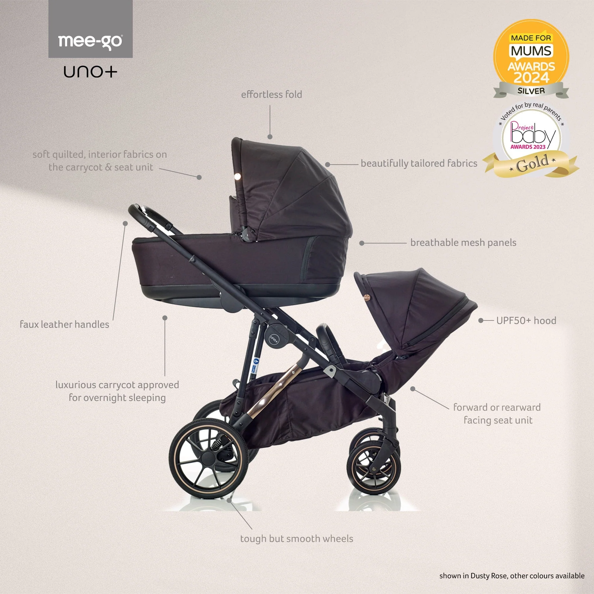 Mee-go Uno Plus Double Pushchair - Black/Rose - Image 7