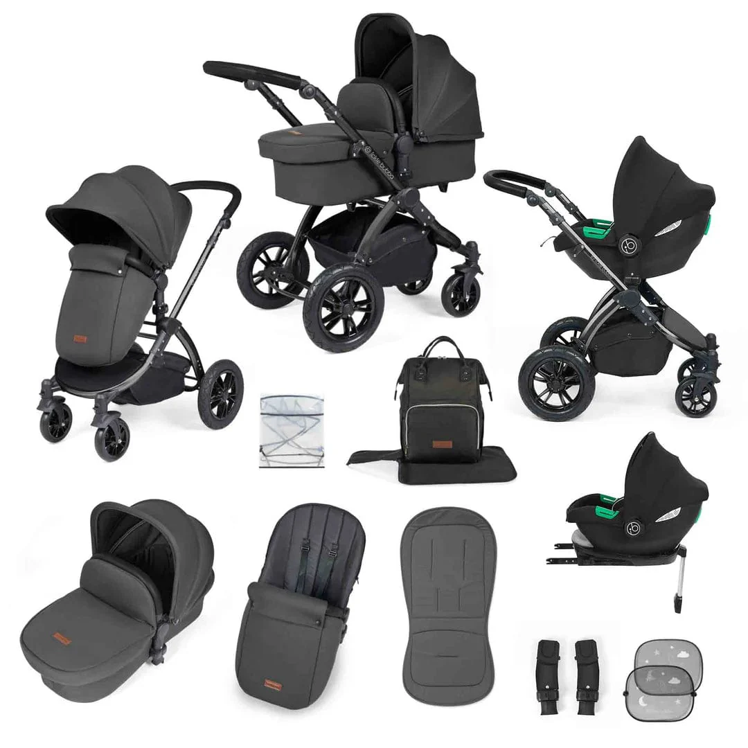 Ickle Bubba Stomp Luxe 12 Piece Travel System with i-Size Cirrus Car Seat & ISOFIX Base - Black / Charcoal Grey / Black