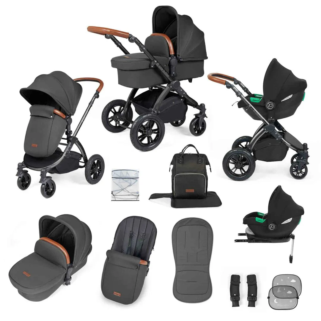 Ickle Bubba Stomp Luxe 12 Piece Travel System with i-Size Cirrus Car Seat & ISOFIX Base - Black / Charcoal Grey / Tan
