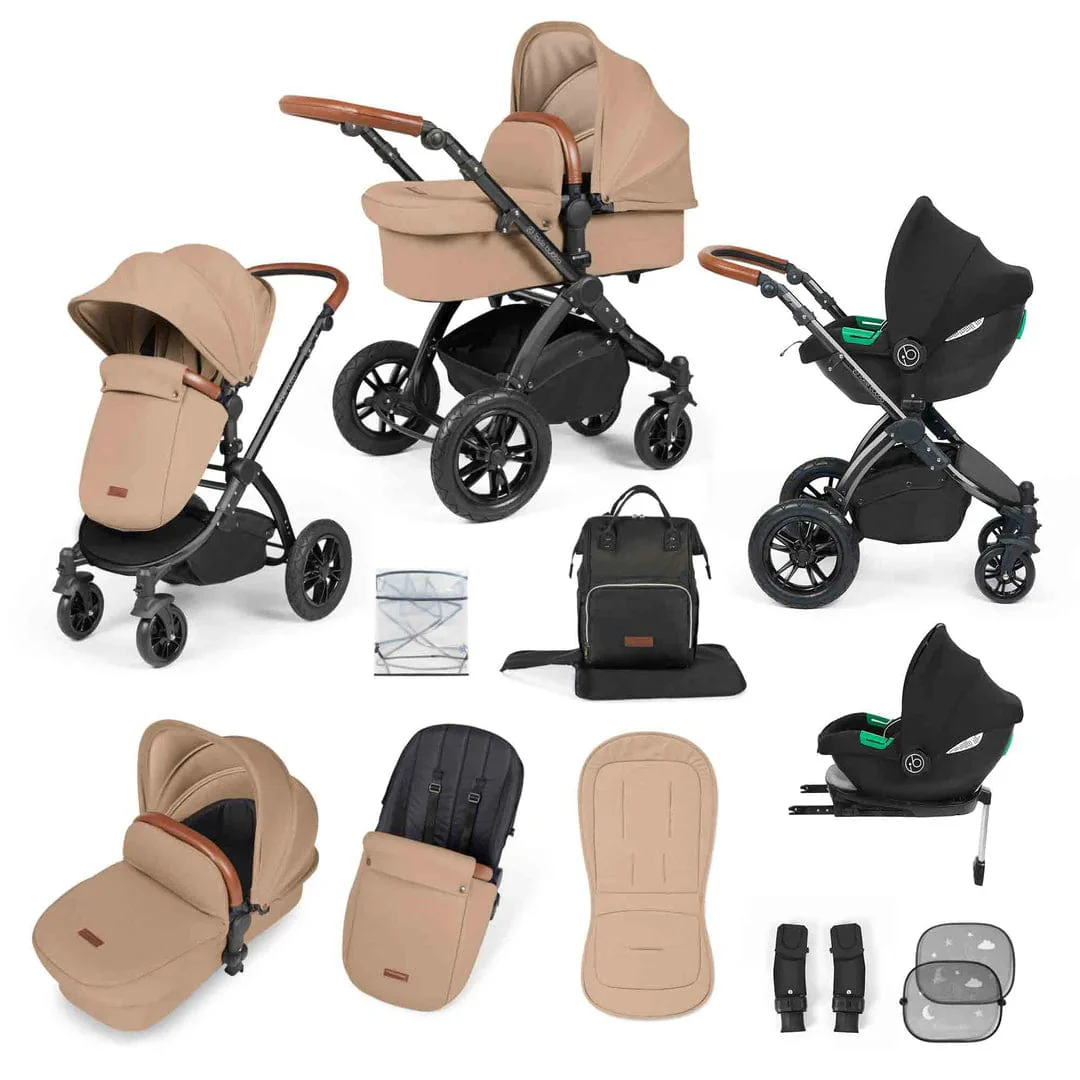 Ickle Bubba Stomp Luxe 12 Piece Travel System with i-Size Cirrus Car Seat & ISOFIX Base - Black / Desert / Tan