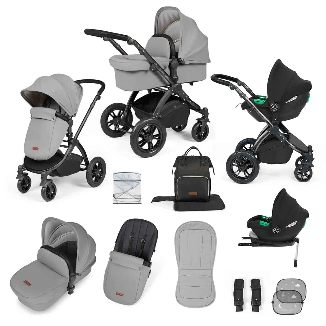Ickle Bubba Stomp Luxe 12 Piece Travel System with i-Size Cirrus Car Seat & ISOFIX Base - Black / Pearl Grey / Black