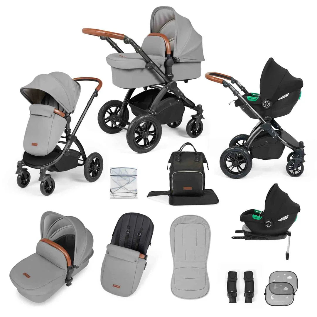 Ickle Bubba Stomp Luxe 12 Piece Travel System with i-Size Cirrus Car Seat & ISOFIX Base - Black / Pearl Grey / Tan