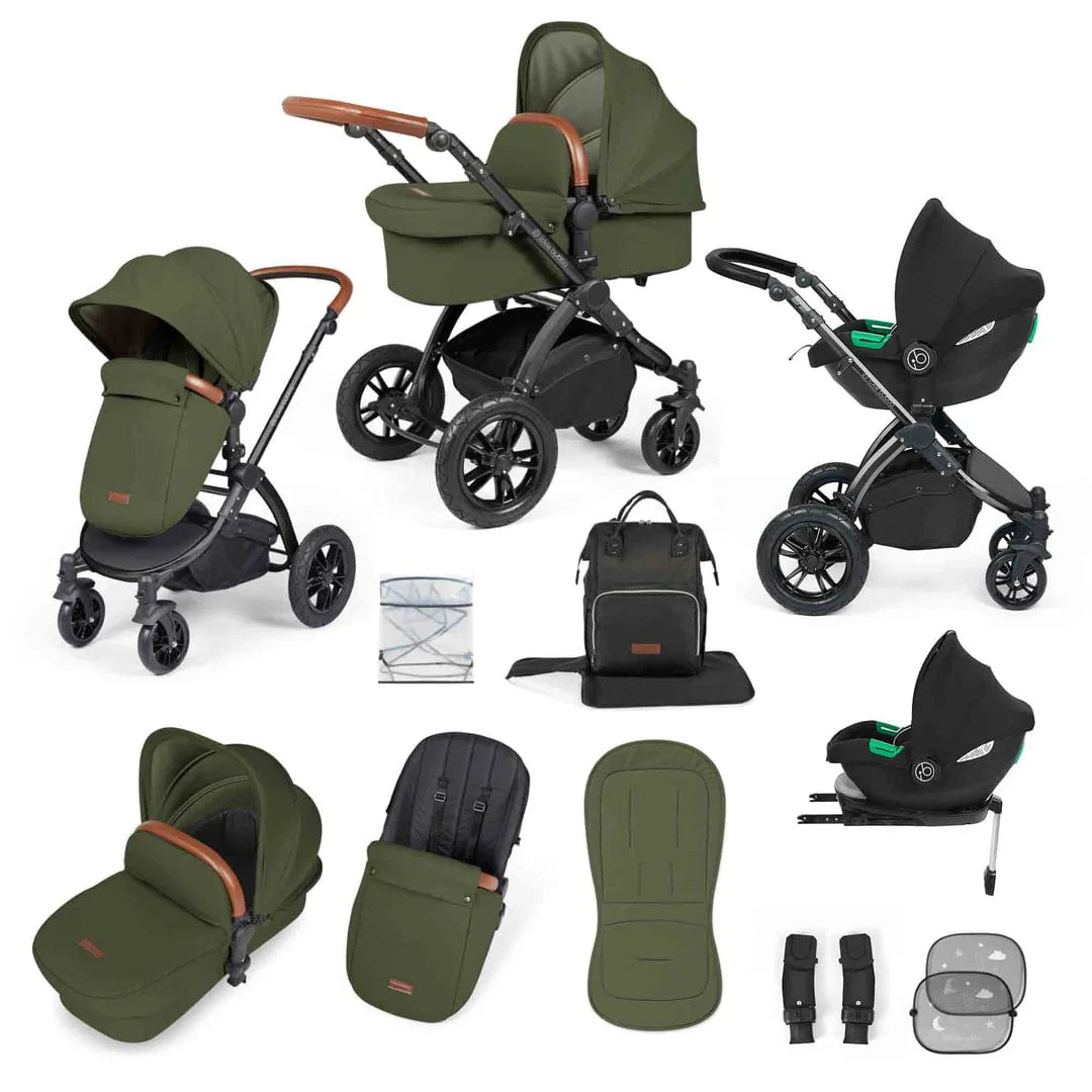 Ickle Bubba Stomp Luxe 12 Piece Travel System with i-Size Cirrus Car Seat & ISOFIX Base - Black / Woodland / Black