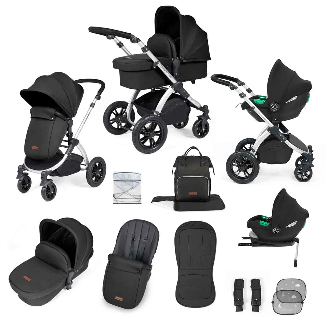 Ickle Bubba Stomp Luxe 12 Piece Travel System with i-Size Cirrus Car Seat & ISOFIX Base - Silver / Midnight / Black