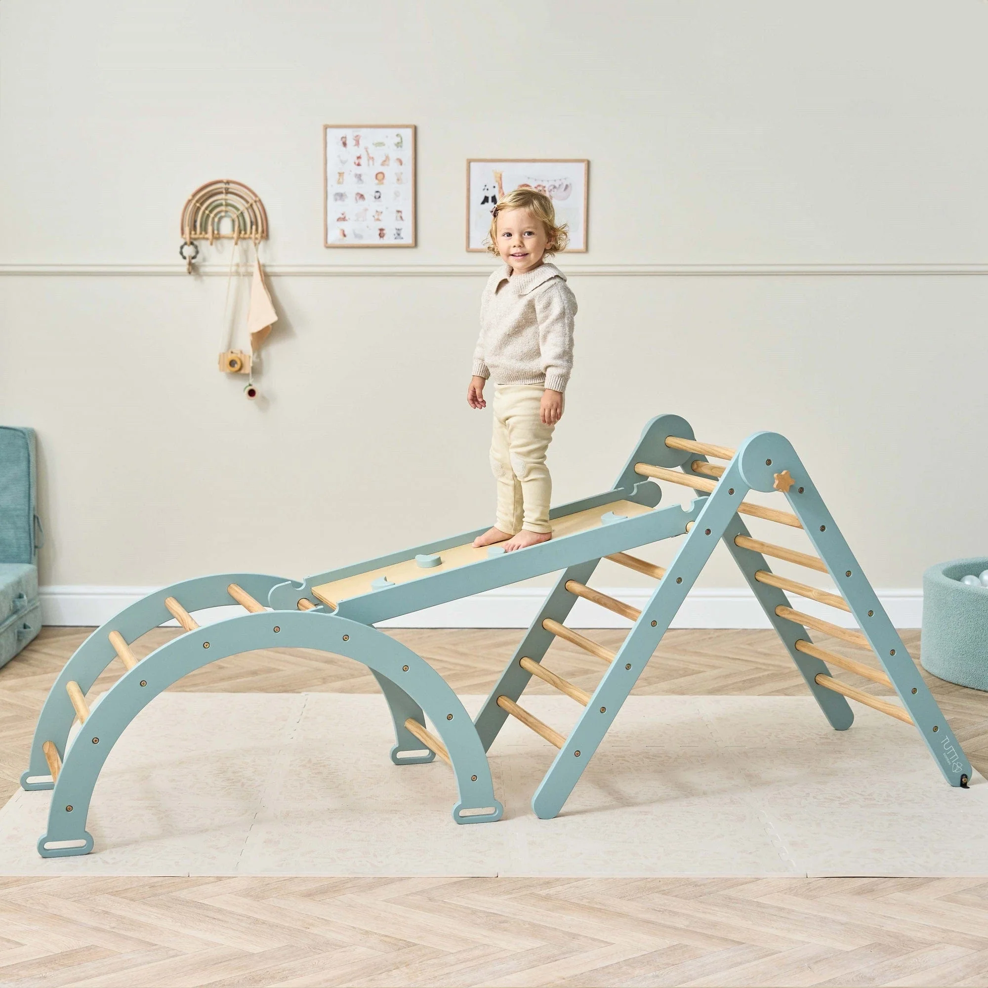 Tutti Bambini Scala Montessori 3-in-1 Pikler Climbing Frame with Climbing Wall - Ocean Stone - Image 3